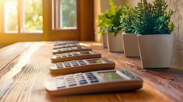 Calculator wooden table sunlight modern office workspace indoor with potted plant, natural light focus and calm study vibe, technology finance