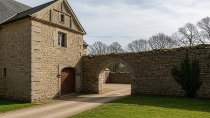 Stone Building with Archway and Green Lawn