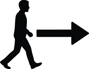 man walking with right pointing arrow sign direction