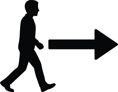 man walking with right pointing arrow sign direction