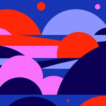 Vibrant abstract landscape with geometric shapes and bold colors viewed from a surreal perspective