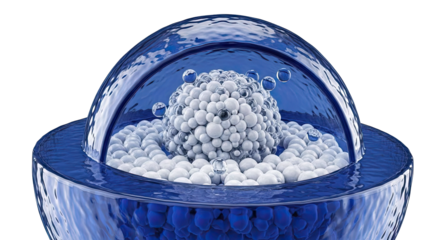 Abstract scientific illustration of a cellular structure with micro-spheres