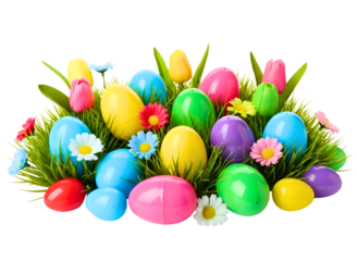 Colorful easter eggs in grass isolated on transparent background