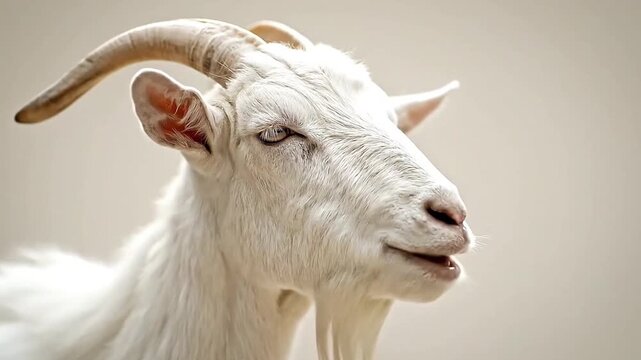 Majestic close-up profile shot of a beautiful white goat or ram bleating against a soft beige background