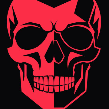 A red and black skull illustration on a dark background from a close-up viewpoint