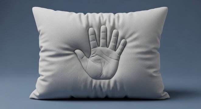 A square white pillow with a hand imprint sits on a blue surface casting a soft shadow