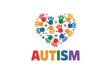 Colorful handprints forming a heart shape with the word autism below it