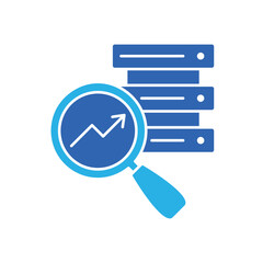 Icon a data analytics magnifying glass and server, isolated against a clean background.