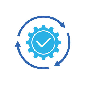 Icon a lifecycle management cycle with gear and checkmark, isolated against a clean background.