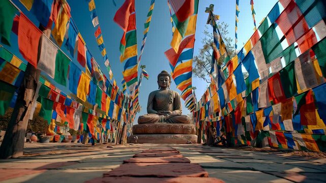 Serene Buddha Statue with Colorful Prayer Flags Celebrating Vesak and Buddha Purnima Festival Outdoors