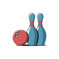 A red bowling ball positioned near two blue and red striped pins
