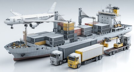 Fototapeta premium Composite image of global transport airplane, cargo ship, trucks, and various shipping containers