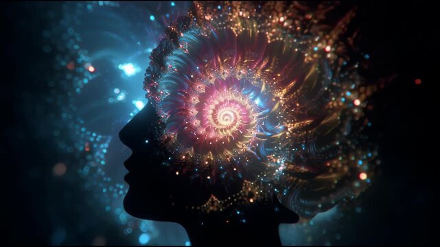 Cinematic Motion of Abstract Fractal Nautilus Texture Shining in Human Profile, AI Consciousness and Neuroscience Concept