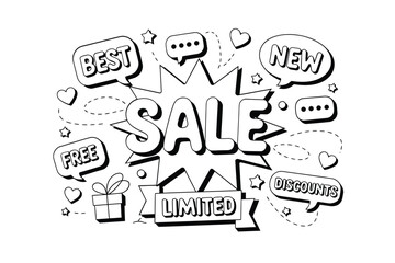Black and white sketch of sale banners stars hearts and gift box