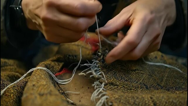 Close-up of hands sewing a net with a needle and thread.