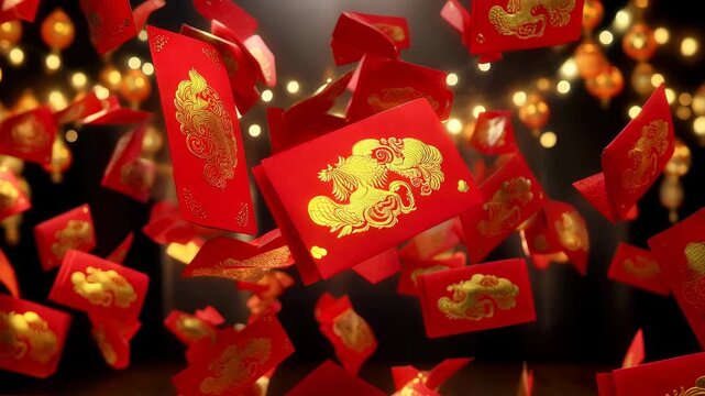 Festive background of red Ang Pao envelopes falling like rain