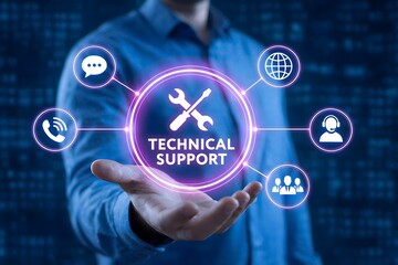 Technical support service concept with help desk icons and virtual interface