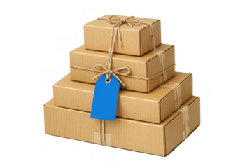 Stack of cardboard delivery boxes with blue tag, depicting shipping, logistics, and e-commerce concepts