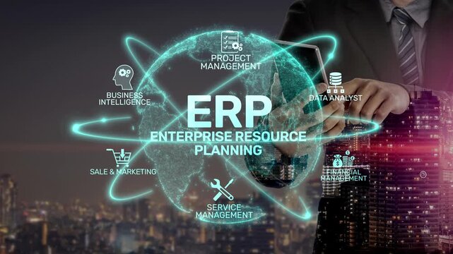 ERP platform visual showing centralized system for enterprise resource planning, improving integration, data flow, business efficiency, finance, inventory, and human resources. Muxer
