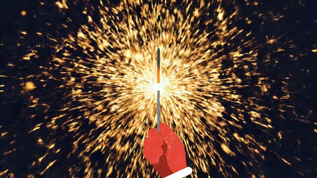 Handheld Firework Sparkler Burning with Golden Sparks Flat Design Illustration