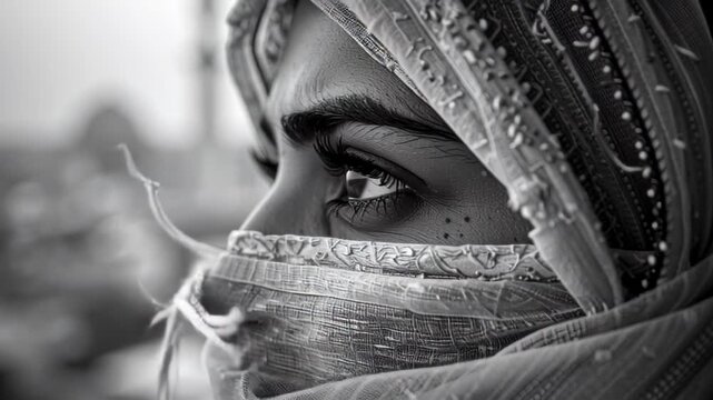 Black and white close-up of a woman in traditional headscarf and face veil, looking pensive