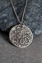 Textured Silver Lunar Surface Pendant Necklace on Stone. Celestial Jewelry Art, Artistic Gift.