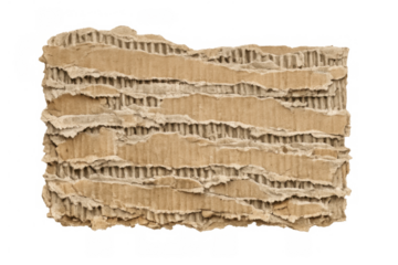 Torn corrugated cardboard paper revealing textured layers, rough edges, and natural brown craft material with transparent background