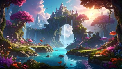 A breathtaking landscape with a majestic castle nestled amongst vibrant flora, cascading waterfalls, and tranquil waters
