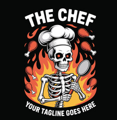 Obraz premium Skeleton Chef Cooking with Chicken Legs in Flames