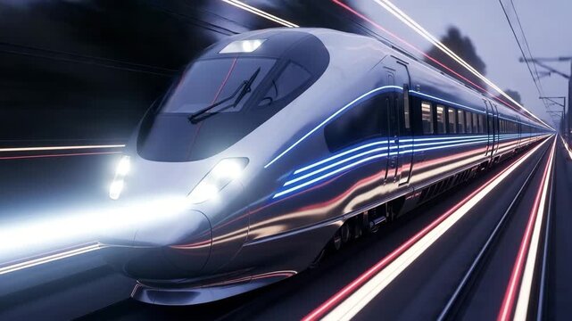 High speed futuristic bullet train with dazzling blue lights racing through the night