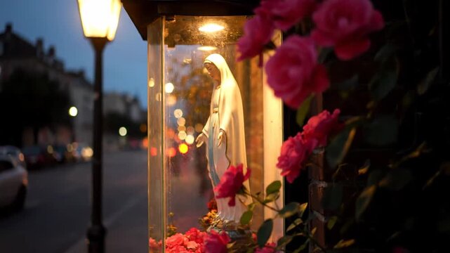 An illuminated streetside shrine of the Virgin Mary at night. A close-up of a religious statue surrounded by pink roses on a city sidewalk. Urban faith and devotion concept