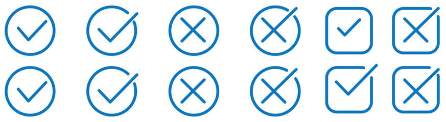 Checkmark cross symbols. Checkbox false wrong icons set. Vote checkmark, cross icons, symbols set. Vector icons stock illustration