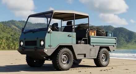 A rugged green off-road vehicle parked on a sandy beach with a canopy, near lush green mountains and a blue sky with white clouds