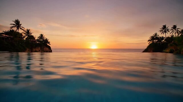Spectacular sunset reflecting on a serene infinity pool with tropical palm trees