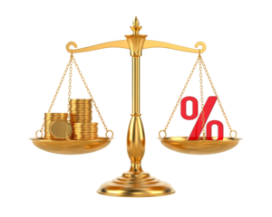 Percent and money on scale. Isolated 3D illustration on white background