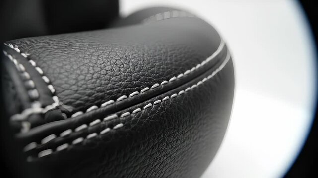 Close-up Macro Shot of Black Leather with White Stitching.