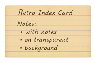 Retro aged index card with notes on transparent background