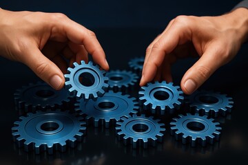 Assembling the Mechanics of Progress: Two hands meticulously arrange gears. Illustrating the intricate process of collaboration and the essence of interconnectedness.