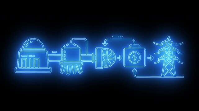 Glowing blue neon illustration of industrial process with factory, turbine, generator and tree on black background.