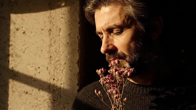 A pensive middle-aged man with a beard smelling dried flowers. Close-up portrait in dramatic sunlight with strong shadows. Nostalgia, memory, and sensitivity concept