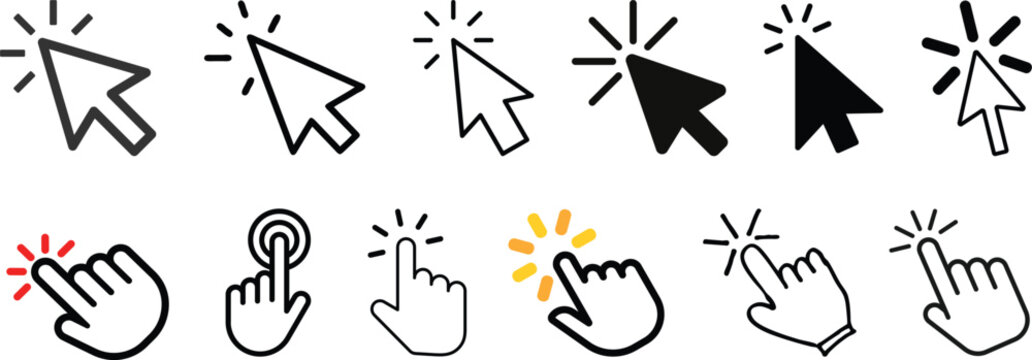 Click cursor icon collection. Set of computer mouse symbol. Arrow, hand, hourglass, mouse, zoom click icons. Computer mouse click cursor arrow and loading icons. Mouse click cursor symbol