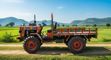 Obraz premium Vibrant orange tractor with trailer on rural road surrounded by lush green fields and distant mountains under clear blue sky