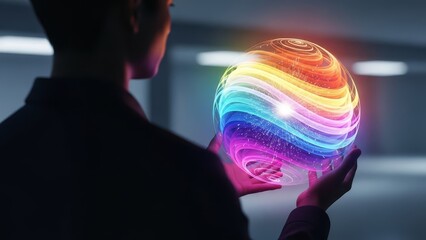 Person holds a vibrant swirling rainbow orb in their hands set against a dark neutral backdrop