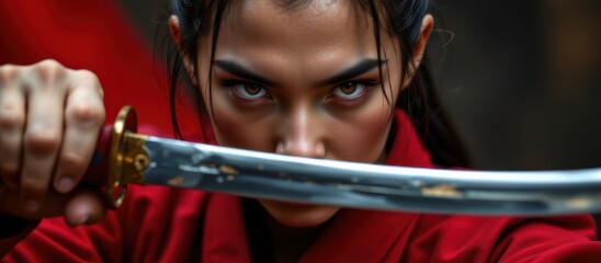 Intense warrior with a sword, focused gaze in a striking red outfit.