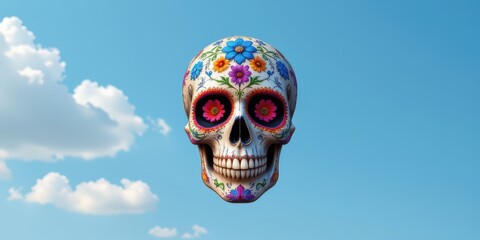 Decorative skull with floral designs against a blue sky with clouds.