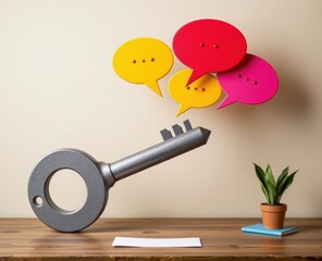A key surrounded by colorful speech bubbles against a neutral wall.