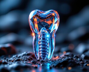 A sparkling dental implant design in a surreal background.