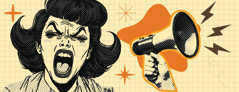 
retro cartoon Pop Art Halftone Screaming anger Woman and megaphone with comic style, vintage comic style frustration woman shouting vector illustration with halftone retro vintage style elements 