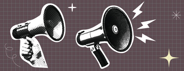 retro vintage pop art style halftone dotted  megaphone black and white color, comic book style hand mic vector illustration for announcement with paper grid background © Nusrat