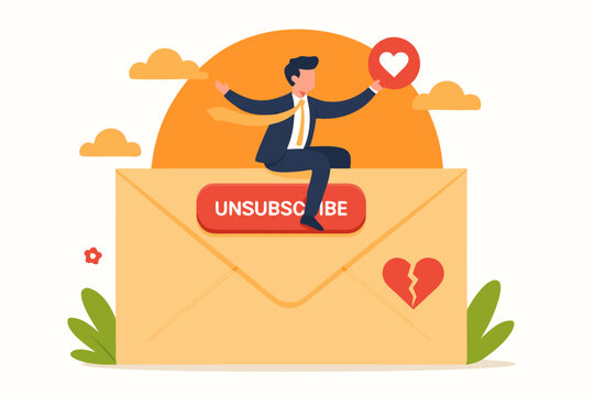 A cartoon man sitting on an envelope with an unsubscribe button